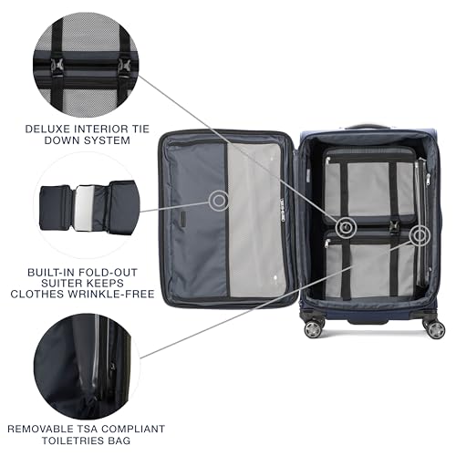 Image of Travelpro Platinum Elite Softside Expandable Checked Luggage, 8 Wheel Spinner Suitcase, TSA Lock, Men and Women, Dark Blue, Checked Medium 25-Inch