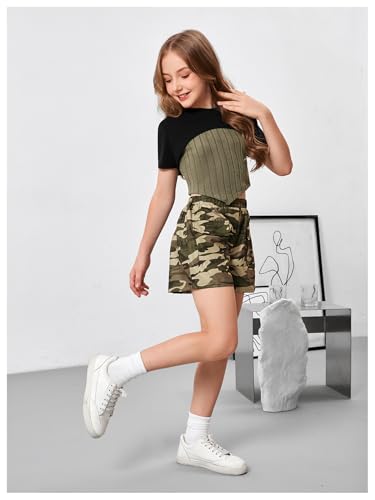 Image of GORGLITTER Girl's Summer Outfits 3 Piece Ribbed Knit Tank Top Short Sleeve Crop T Shirt Camo Shorts Sets Size 8-12 Black and Green 11Y