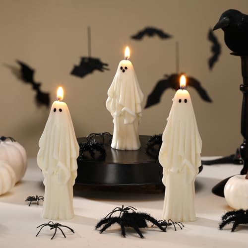Nuanchu 3 Pcs Halloween Ghost Decor Ghost Candles Gothic Decoration Indoor Gift for Mantel Halloween Table Centerpiece Cute Goth Taper Candle Spooky Tabletop Novelty Party Favor Basket Stuffer