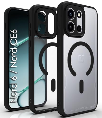 Image of RIGGEAR Shockproof Sleek Hybrid Armor Magnetic Back Cover Case Compatible with MagSafe Accessories for OnePlus Nord 6 5G / Nord CE 6 5G (Clear PC + Black TPU Bumper)