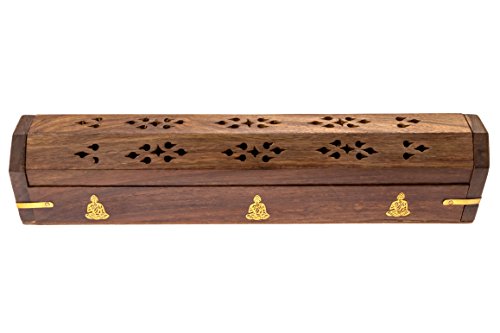 Alternative Imagination Wooden Coffin Incense Burner - Incense Burner For Incense Sticks And Cone Incense. Includes Storage Compartment For Incense Sticks. Coffin Style Featuring Sitting Buddha #TOP2