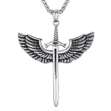 Mens Stainless Steel Pendant Necklace Angel Wings Sword Cross Pendant with 24 Inches Link Chain