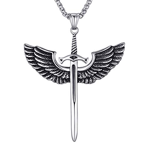 Moolee Mens Stainless Steel Pendant Necklace Angel Wings Sword Cross Pendant with 24 Inches Link Chain