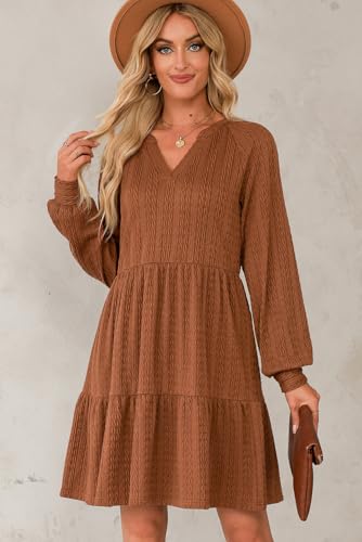 Dokotoo Fall Dresses for Women 2025 Long Sleeve V Neck Textured Casual Lightweight Tiered Ruffle A-Line Mini Babydoll Dress2
