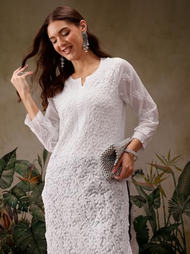 Image of Ada Lucknow Chikankari Hand Embroidered Faux Georgette Kurta Kurti Tunic Dress for Women A95504