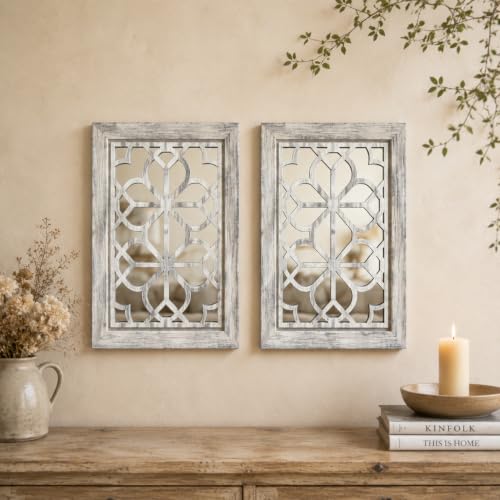 HMANGE Set of 2 11x15 Inch Rectangular Shatterproof Grey Decorative Wall Mirrors, Boho Farmhouse Rustic Vintage Accent Mirrors for Living Room Bedroom Entryway & Home Decor