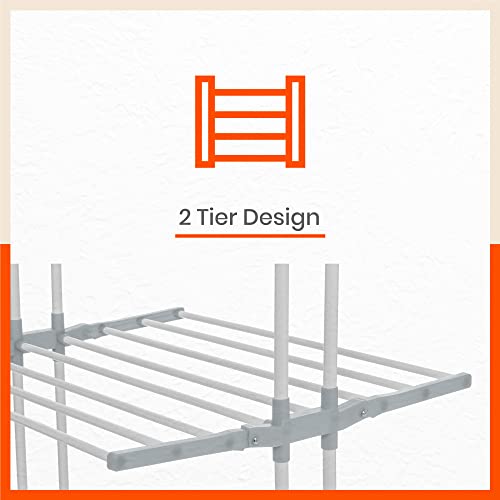 Image of Bathla 2 Level Modular Cloth Drying Stand with Wheels - Rustproof Portable Steel Laundry Rack (Grey - Medium) - Clothes Dryer for Balcony, Indoor & Outdoor Use