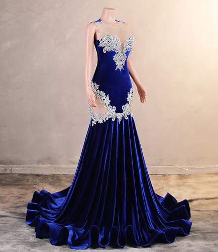 Velvet Prom Dress Beaded Applique Sleeveless Pageant Gala Mermaid Evening Party Gown3