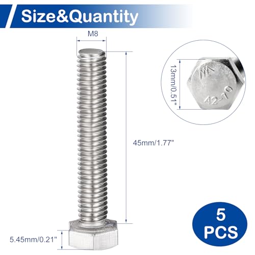 Image of MroMax 5Pcs M8 x 45mm Hex Head Screws Bolts, 304 Stainless Steel 18-8, Fully Threaded, External Hex Drive, for Mounting Chair, Handles, Rail, Pump, Wheels, Antenna Parts, Boat and Plastic Bumpers