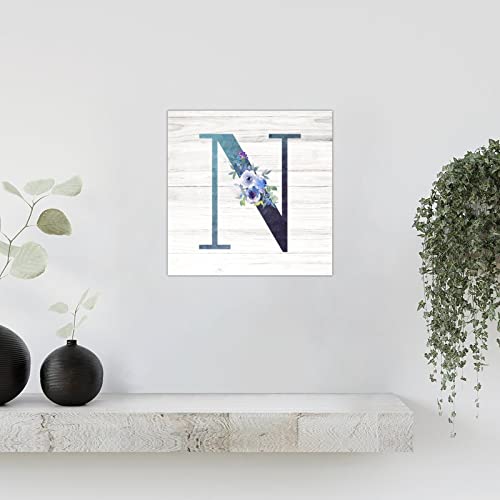 Lettre N en bois décoration murale vintage fleur bleue