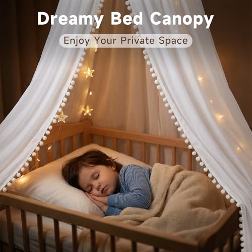 Image of LOAOL Bed Canopy with Pom Pom Cotton Canopy for Kids Crib Baby Girl Netting Cover Canopy Crib Curtain Reading Nook Hanging Tent Nursery Play Game Castle Room Decoration (White)