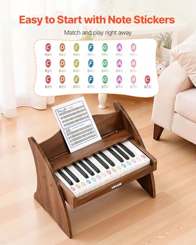 VEVOR Kinder-Keyboard, 25 Tasten, E-Piano, Holzklavier für Kinder ab 3 Jahren, Musikispielzeug mit Realistischem Klang, Dual-Power, Einstellbare Lautstärke, Musikalische Früherziehung, Walnussholz