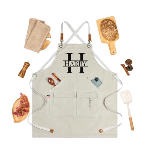 LIUBAI Personalized Canvas Apron Custom Gift Bartender's Apron Embroidered Apron for Dad Barbeque Men's Chef Apron (OFF WHITE)