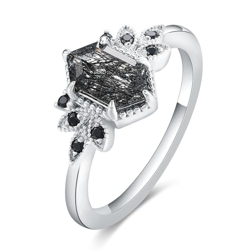Natural Gemstone Wedding Ring for Women 925 Sterling Silver Platinum Plated Black Rutilated Quartz Vintage Promise Engagement Ring for Her Size 4-9