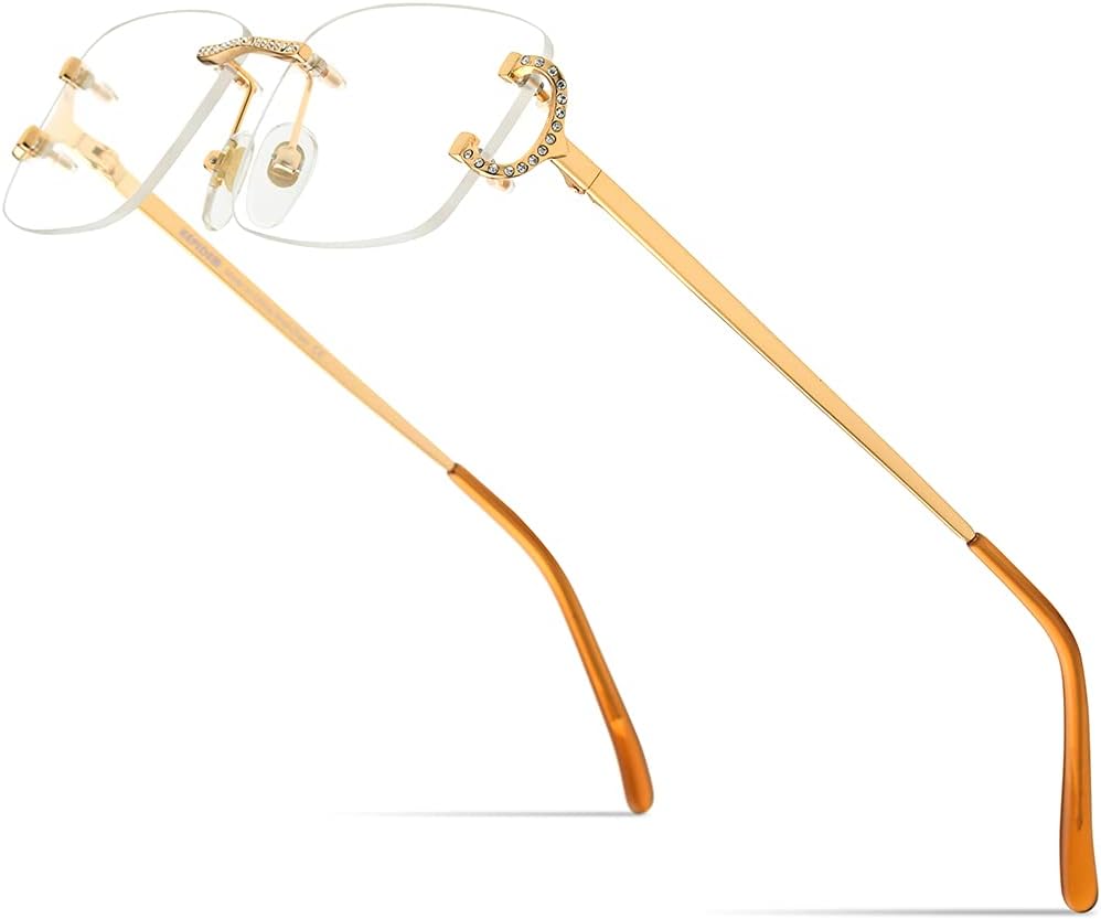 HEPIDEM Vintage Style Rectangular Rimless Metal Eyeglasses for Men,New Frameless Zircon Diamonds Optical Glasses Frame