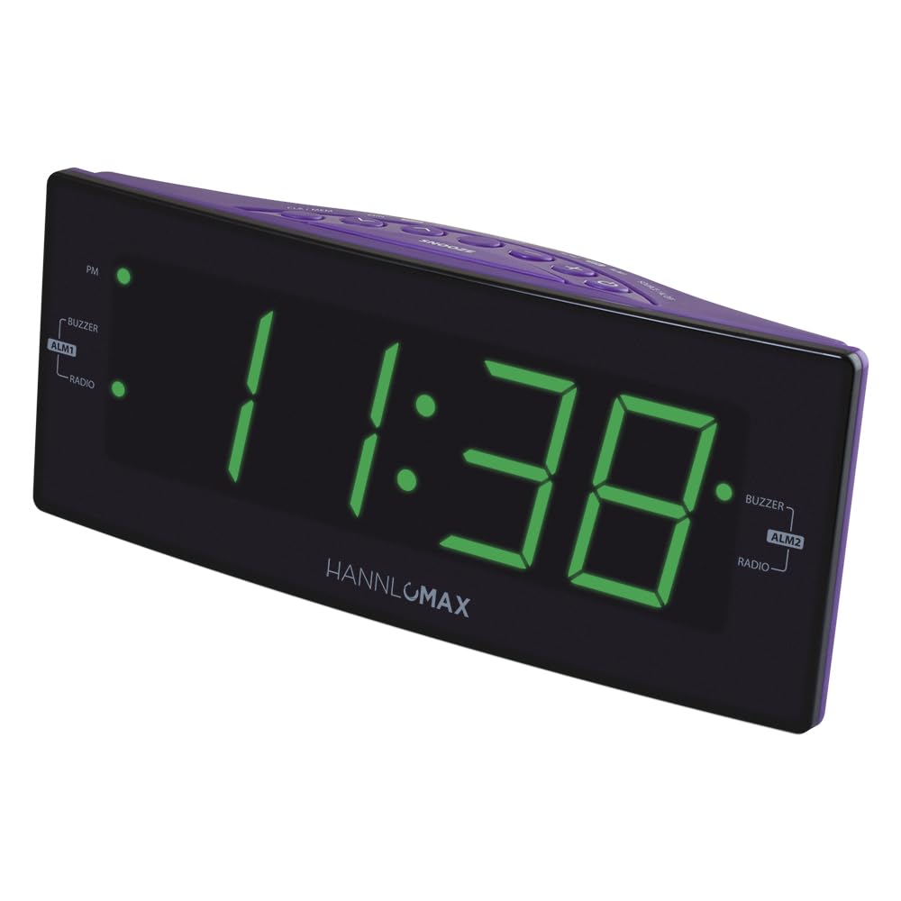 HANNLOMAX HX-112CR Alarm Clock Radio, PLL AM/FM Radio, Green LED 1.8 inches Jumbo Display, Dual Alarm, Dimmer, AC Operation only. (Purple)