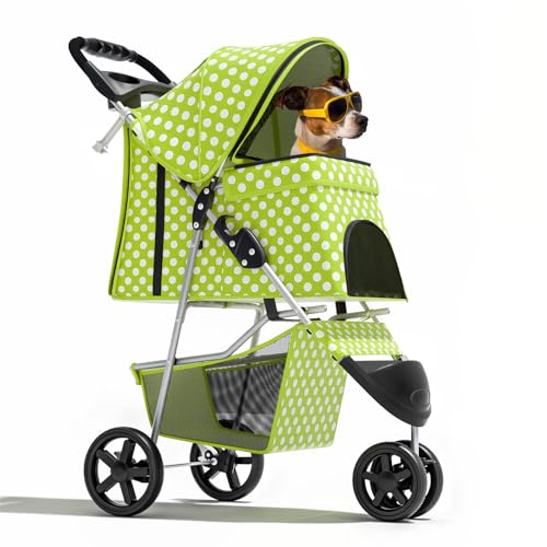 Image of Magshion 3-Wheel Pet Stroller, Foldable Travel Jogger for Small & Medium Dogs & Cats (Up to 33lbs), Lightweight Carrier with Breathable Mesh Cover, Cup Holder & Storage Basket, Lawn Green Polka Dots