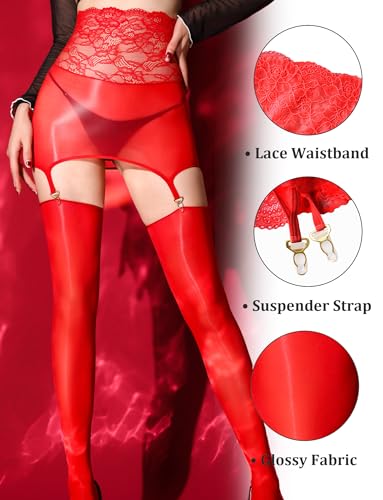 Image of FEOYA Women's Oil Shiny Lace Top Garter Pantyhose with Shimmer Thigh High Stockings Suspender Tights Hosiery (No Thong)