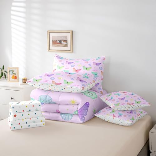 Image of Colorful Butterflies 7 Pieces Bedding Set Queen Size,Rainbow Gradient Bed in a Bag,Cute Cartoon Flower Bed Set Includes Comforter,Sheet Set,Pillowcases & Pillow Covers,Garden Wildlife Bedroom Decor