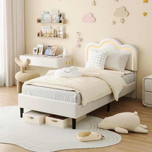 Image of GarveeHome Twin Upholstered Smart LED Bed Frame with Headboard, PU Leather Princess Platform Bed Frame for Kids, Wooden Slats Support, No Box Spring Needed (Vanilla)