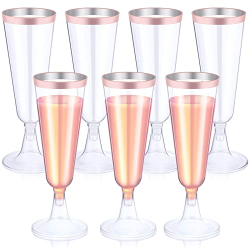 Thenshop 50 Pack Rose Gold Plastic Champagne Flutes 5.5 oz Elegant Clear Disposable Champagne Glasses Detachable Hard Toasting Glasses for Wedding Party Fancy Vino Cocktail Cups(Clear)