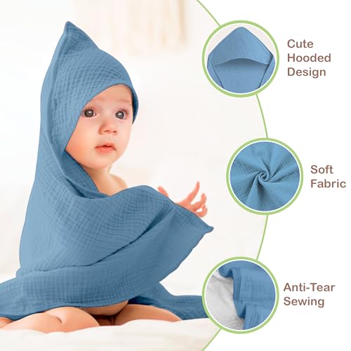 Image of 100% Organic Cotton Muslin Baby Hooded Towel, 32x32 in, Deep Blue & Aquarius, 2 Pack, Soft Absorbent 4-Layer Hooded Bath Towel for Newborns, Infants,Toddlers, Boys,Girls, Oeko-TEX