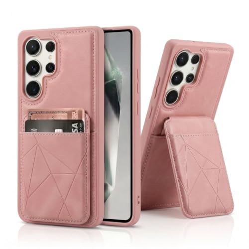 Image of amazon basics Premium Vegan Leather Back Cover with Card Holder and Integrated Mobile Stand for Samsung Galaxy S25 Ultra 5G - Slim Shockproof Wallet Case with Geometric Stitching [Pink]
