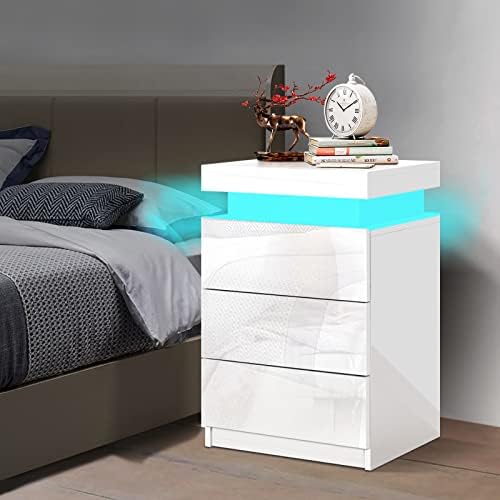 ELFORDSON Bedside Table with 3 Drawers, 4 Sides High Gloss LED Bedside Cabinet with 16 Colours, Side Cabinet Nightstand Bedroom Living Room Furniture, Black
