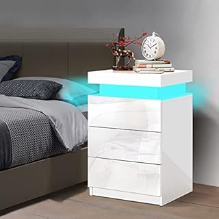 ELFORDSON Bedside Table with 3 Drawers, 4 Sides High Gloss LED Bedside Cabinet with 16 Colours, Side Cabinet Nightstand Bedroom Living Room Furniture, Black
