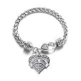 Inspired Silver - Mom-mom Braided Bracelet for Women - Silver Pave Heart Charm Bracelet with Cubic Zirconia Jewelry
