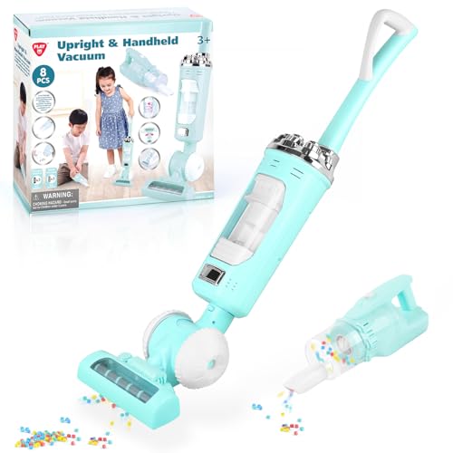 PLAY 2 en 1 Aspirateur Enfant Jouet Set avec des Particules EVA, des Effets d'aspiration et Sonores, Kit Menage pour Enfants 3+ Ans (Vert)