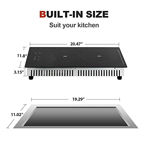 12 Inch Electric Cooktop 3000W Electric Radiant Cooktop 2 Burners Ceramic Cooktop Smooth Surface With Touch Sensor Control Child Safety Lock,Timer, 9 Heating Level,240V Smooth Tempered Glass Surface #TOP2