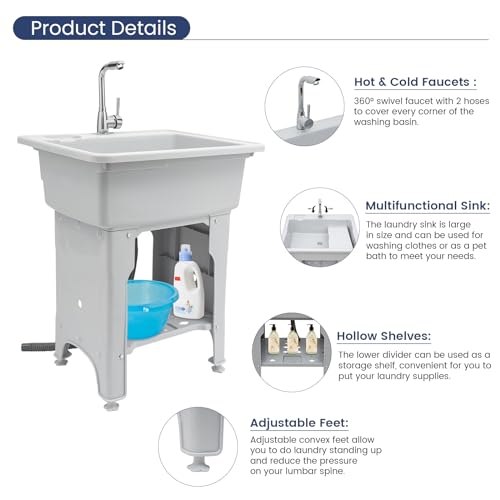 Freestanding Plastic Laundry Sink, 31.5 * 22.05 * 31.5in Indoor Outdoor Utility Sink with Cold and Hot Water Faucet, Portables Hoses Drain Kit for Laundry Room & Garage