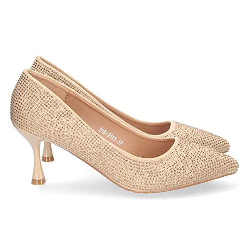 shoes&blues.es 69172-Zapato de Tacon Fino para Mujer, Comodo, Estilo Salon, con Strass, Punta Fina, Otono Invierno 2022. Talla 38 Oro