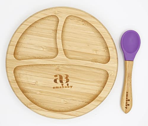 Plato de bambú para bebé con ventosa y cuchara. Platos seguros en su lugar, haciendo que la hora de la comida sea una alegría natural de bambú libre de BPA también es fácil de limpiar (púrpura) Cover