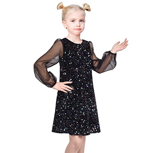 Sunny Fashion Girls Dress Black Sequin Sheer Mesh Long Sleeve Party Elegant Ball Gown2