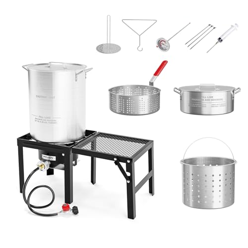 ROVSUN 30QT Turkey Fryer & 10QT Fish Fryer Kit w/ 55,000BTU Propane Stove, Aluminum Outdoor Deep Fryer & Seafood Boiler Steamer w/Baskets, Thermometer, Marinade Injector, Turkey Rack & Rack Lifter