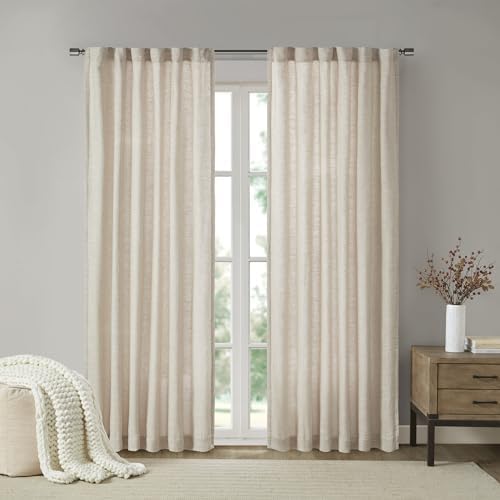 Image of Madison Park Linen Blend Curtain Window, Thermal Insulated Fleece Lining, Living Room Decor Light Filtering Drape for Bedroom, 1-Single Panel Pack Fits 1.25 inch Rod, Beals, 50x84 Rod Pocket Top, Natural