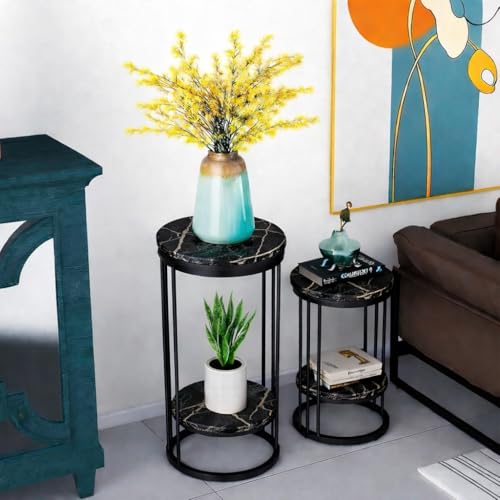 Image of Plant Stand Indoor Outdoor Metal, 2-Tier Modern Plant Shelf, Corner Flower Pot Holder, Plant Stand Table for Living Room Balcony Patio Garden Entryway Set Of 2 (Full Black)
