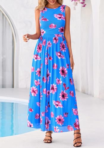 BTFBM Summer Dresses for Women 2026 Floral Maxi Dress Sleeveless Mesh Flowy Spring Wedding Guest Dress Long Sundresses(Blue Red Flower, XX-Large) — view 5