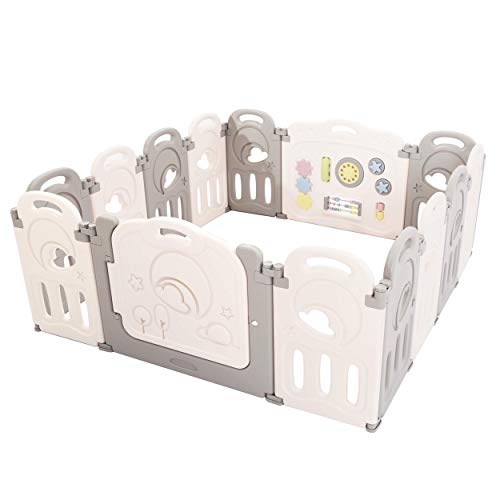 Image of Fortella Cloud Castle Foldable Playpen, Baby Safety Play Yard with Whiteboard and Activity Wall, Indoors or Outdoors (Gray, 14 Panel)