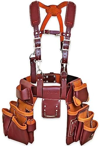 AP-Leather PRO-19 100% Genuine Full Grain Leather Tool Belt/Pouch/Bag, Tool Belt with Suspenders, Comfort Back Support Tool Pouches with Suspenders for Construction,Framers, (Maroon)