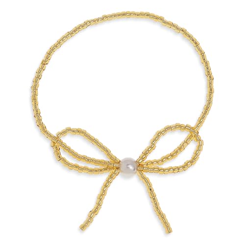 Agriajun Gold Pearl Bow Beaded Bracelets for Women,Trendy Boho Beads Handmade Adjustable Bracelet Festival Prom Fashion Jewelry Gift.