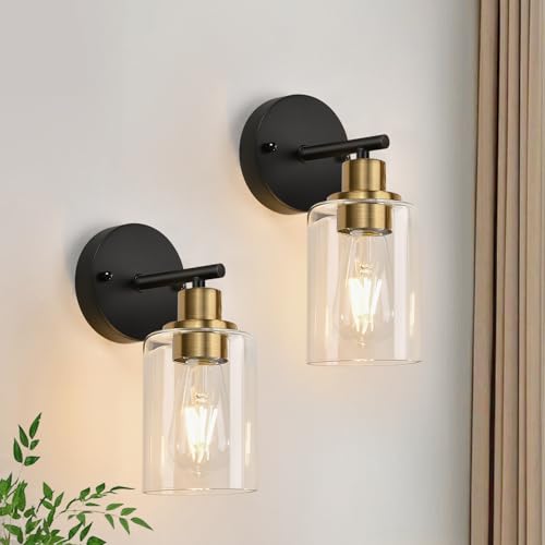 Image of Zarbitta Set of 2 Wall Sconces for Bathroom, Black and Gold Modern Vanity Lights with Clear Glass Shade,Bathroom Wall Lamp for Mirror Kitchen Living Room Hallway Cabinet Porch