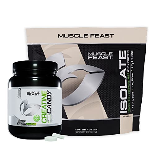Muscle Feast Isolate + Creatine Candy Bundle: 1 Whey Protein Isolate (Vanilla, 5Lb) + 1 Creatine Candy (Lemon Lime, 360) | Premium Supplements, Vegetarian, Gluten Free #TOP20