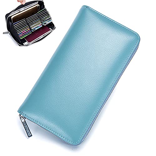 SonneSky Leder Geldbörse Damen Herren RFID Schutz Große Kapazität Langes Portemonnaie mit 36 Kartenfächer Clutch Börse Portmonee Reisen Reisepässe Karten ID Bargeld Halter Blau thumbnail