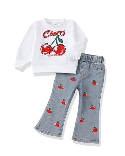 Image of Renotemy Toddler Baby Girl Clothes Fall Winter Outfits Gifts Sweatshirt Jeans Bell Bottom Pants Set for 12Months-5 Year Girls