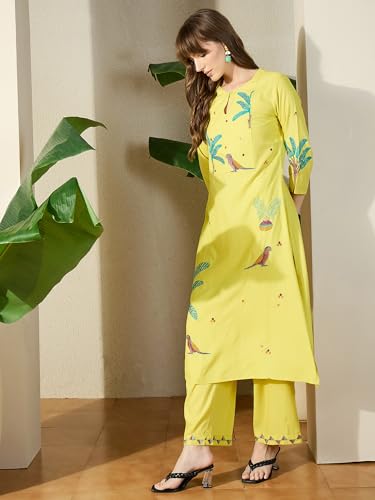 Image of INDO ERA Women's Viscose Rayon Animal Embroidered A-Line Calf Length Kurta & Palazzo Set (IESTR12072)