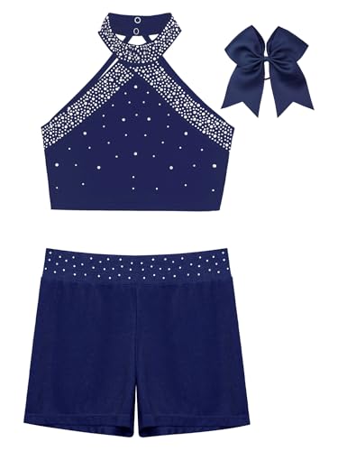 easyforever Kids Girls Figure Skating Gymnastics Dance Outfits Shiny Rhinestone Crop Tops with Shorts and Headwear Set3