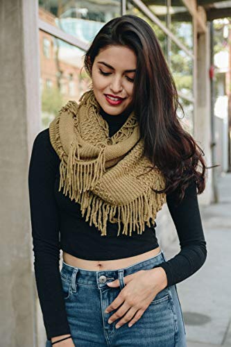Womens Cozy Winter Knit Pointelle Fringe Tassel Infinity Scarf Loop Warm Fashion Cowl Wrap2
